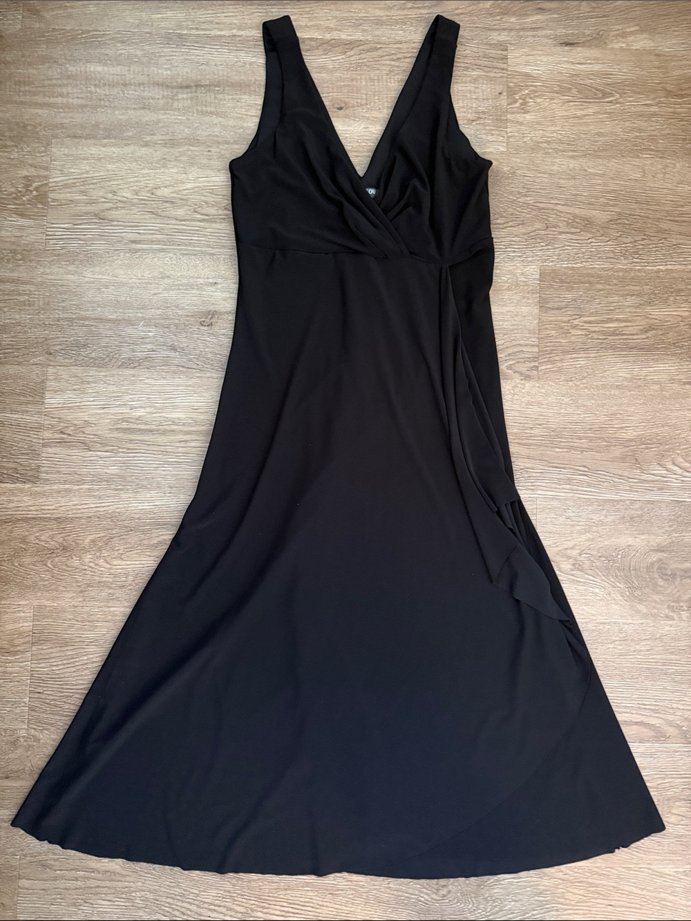 Bisou Bisou Black Sleeveless Midi Dress with draped skirt
